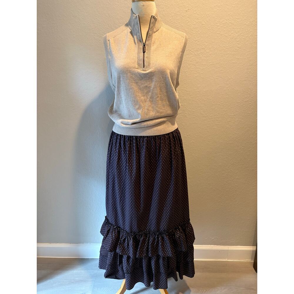 EXTRAVAGANT Maxi Skirt 3-Tier Ruffled Dark Brown SzOS Gold Polka Dots Eccentric